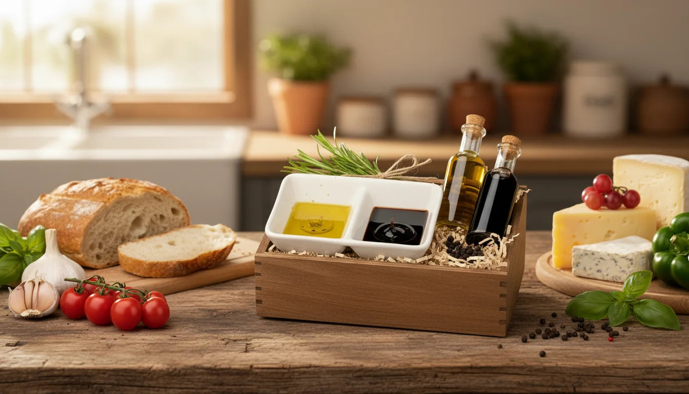 A rustic wooden kitchen table displays bread, tomatoes, cheese, olive oil, and herbs