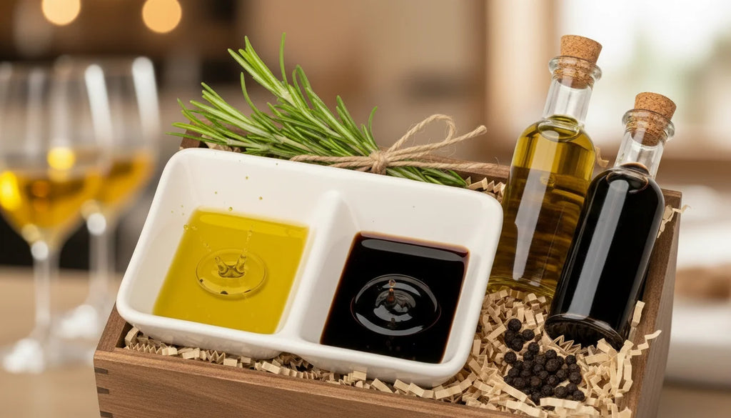 A wooden box containing olive oil and balsamic vinegar bottles with a white dish