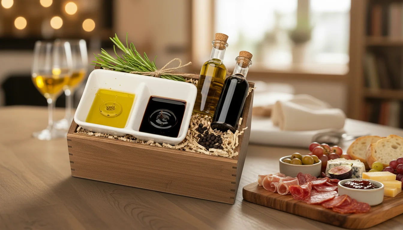 A wooden gift box with olive oil and balsamic vinegar on a table next to a charcuterie board