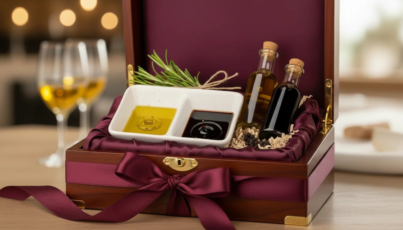 A wooden gift box with olive oil bottles and condiments on a table with wine glasses