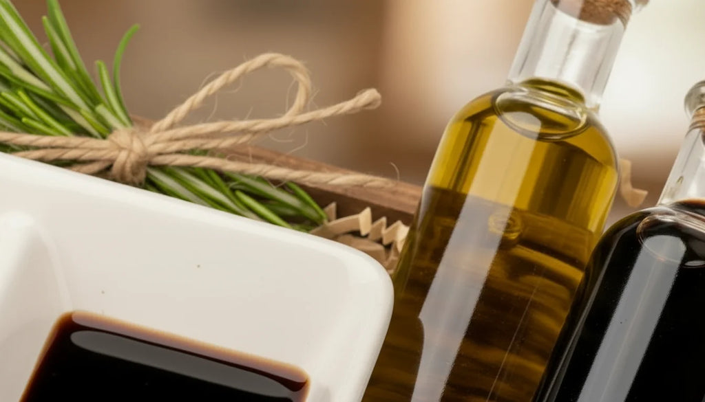 Bottles of olive oil and soy sauce with rosemary on a white dish and wooden board