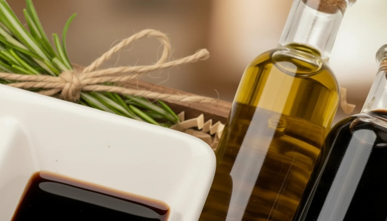 Bottles of olive oil and soy sauce with rosemary on a white dish and wooden board