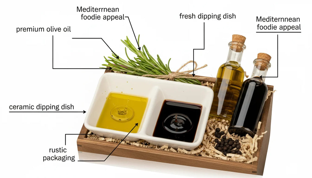 Mediterranean gourmet gift set with olive oil, balsamic vinegar, and rosemary in rustic packaging
