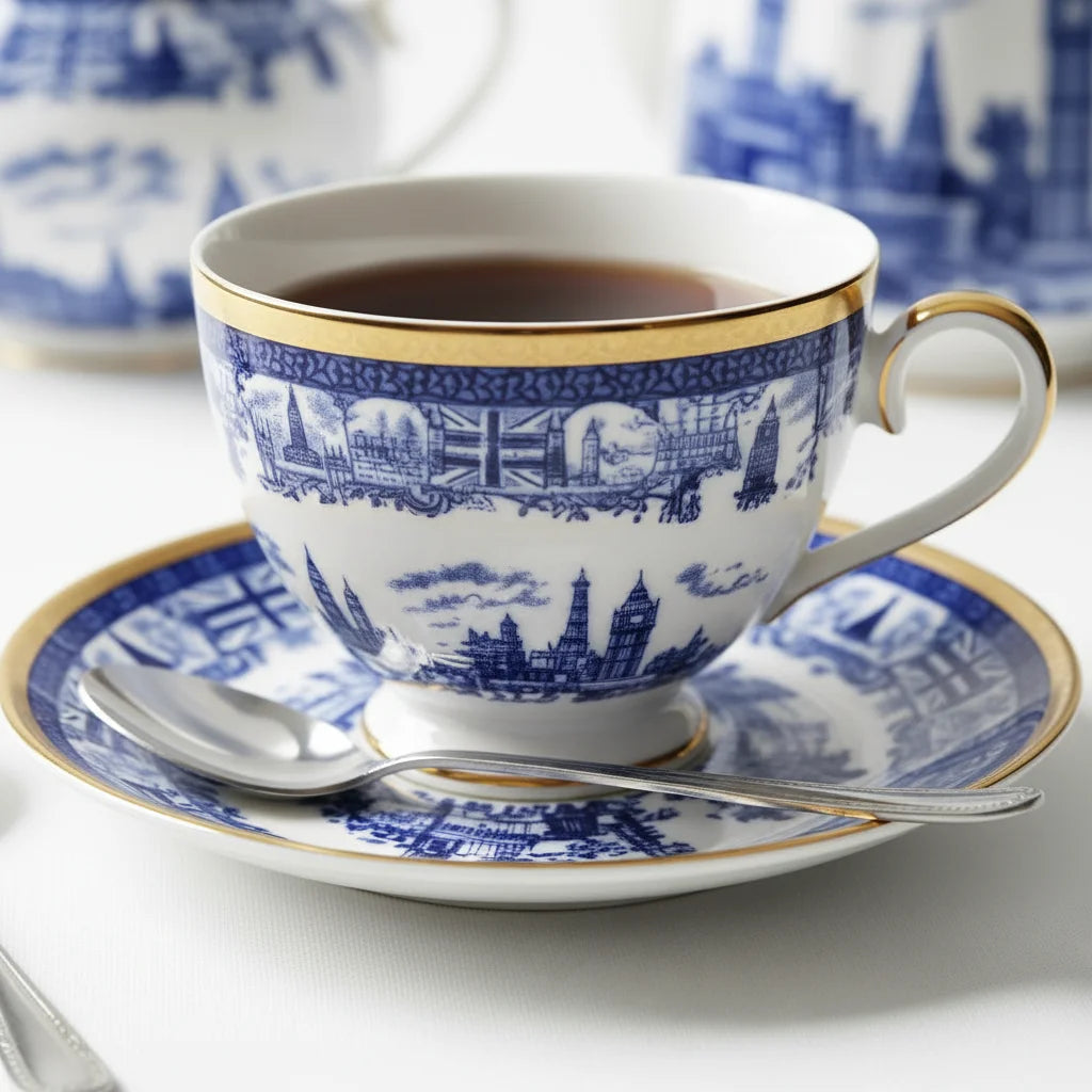 A blue and white teacup with gold trim and London landmarks sits on a matching saucer