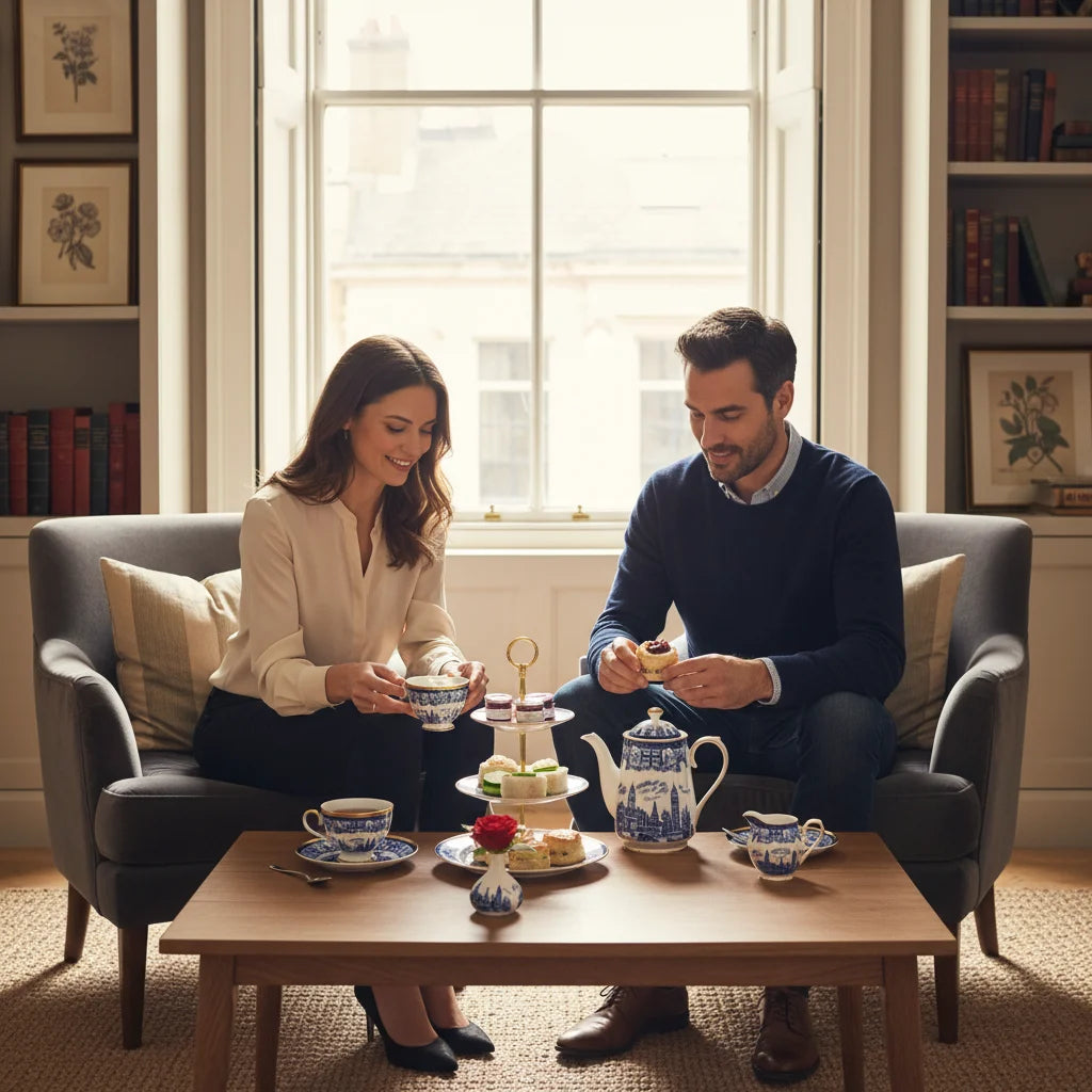 A man and woman sit on a gray couch, enjoying tea and cake in a cozy living room