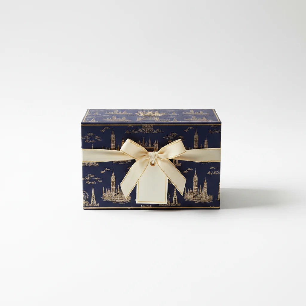 A navy blue gift box with gold foil temple designs and a cream ribbon bow