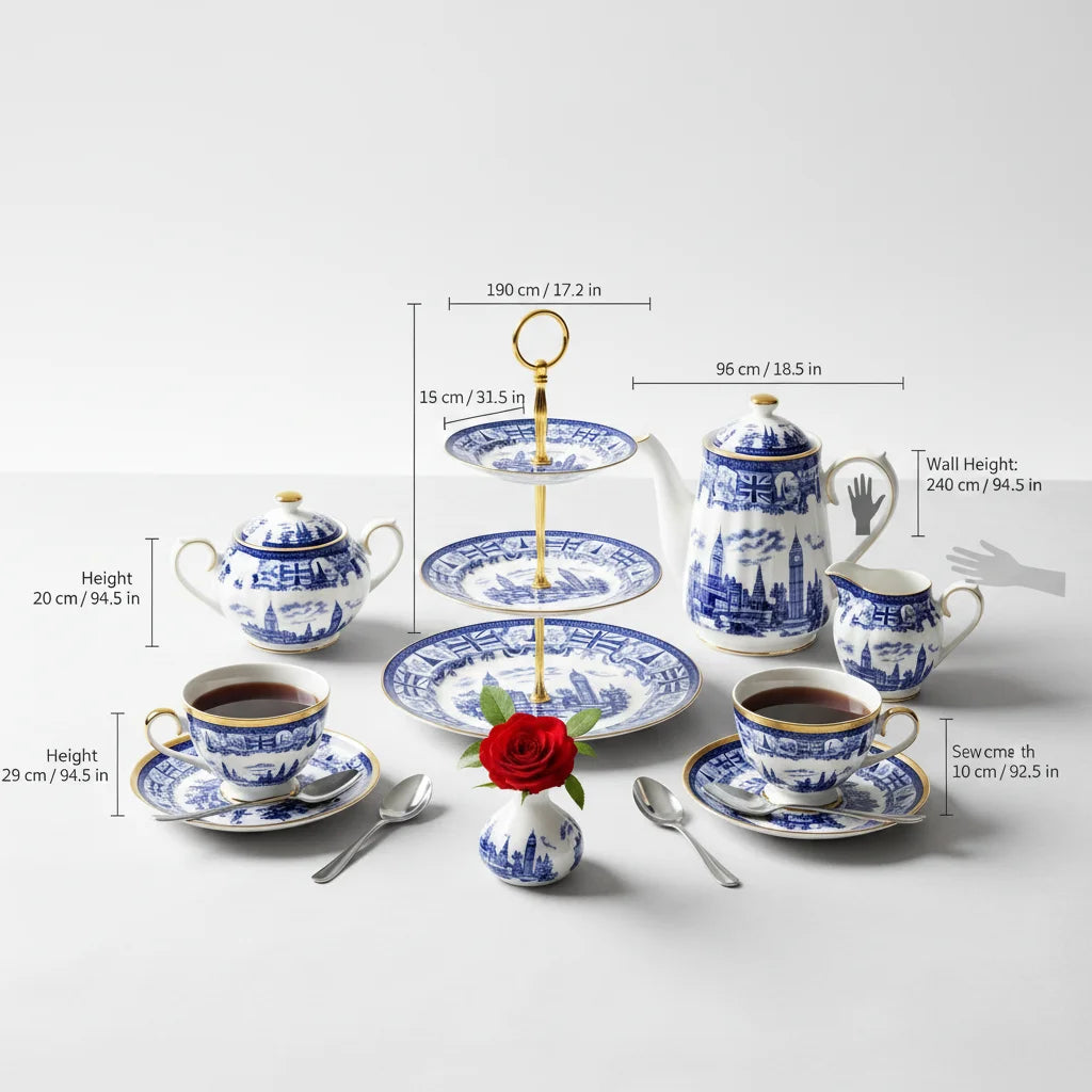 Blue and white china tea set with gold accents on a three-tiered serving dish