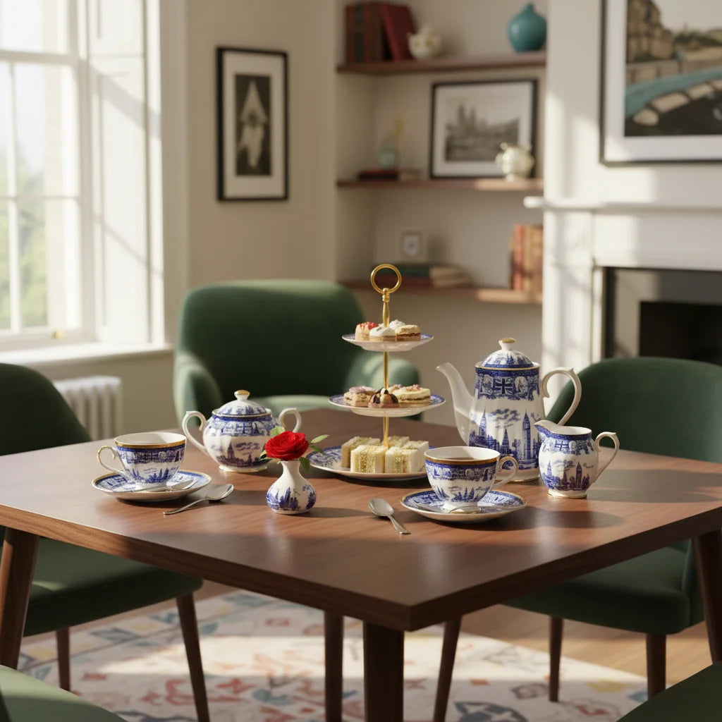 Cozy living room with wooden table set for afternoon tea with blue china and sandwiches