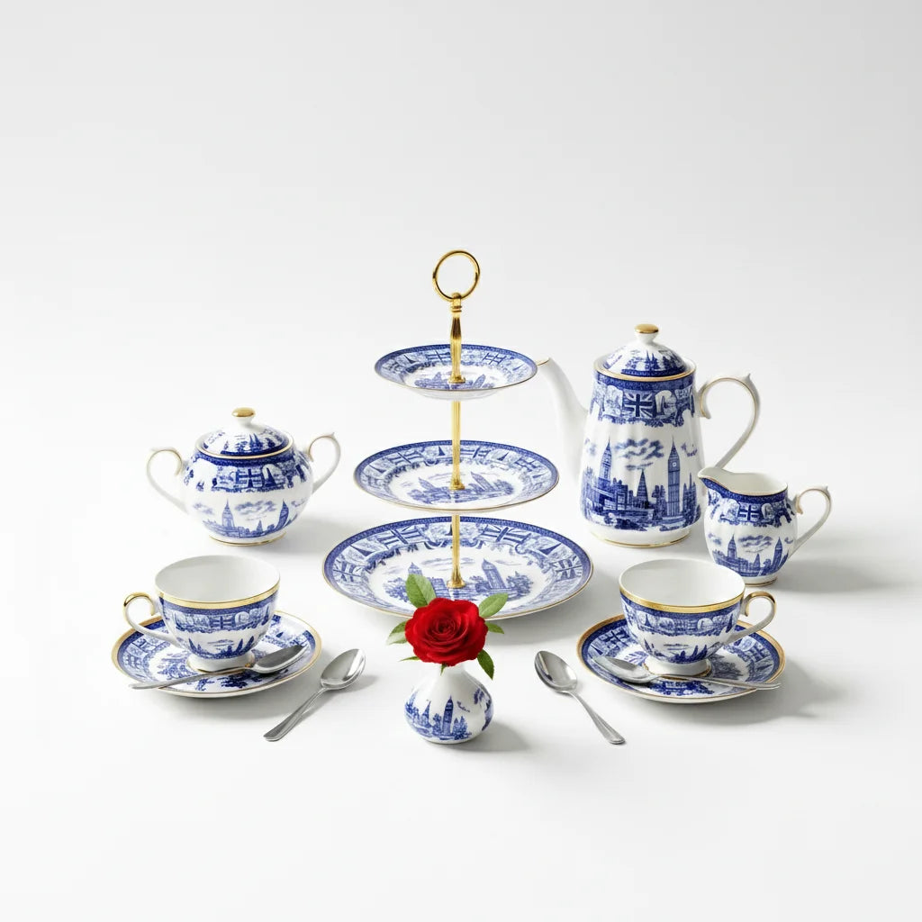 Elegant blue and white china tea set with gold accents displayed on a white surface with a rose