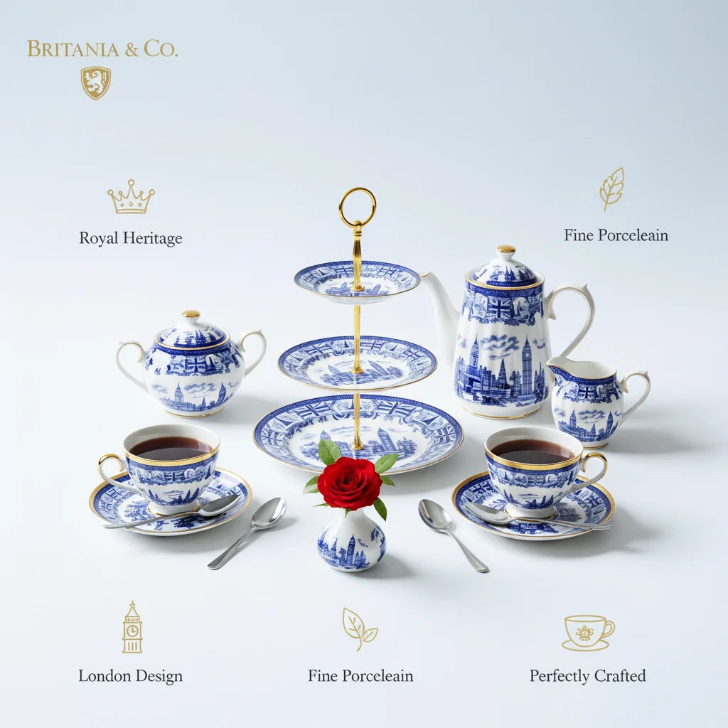 Elegant blue and white fine porcelain tea set with gold accents and London design