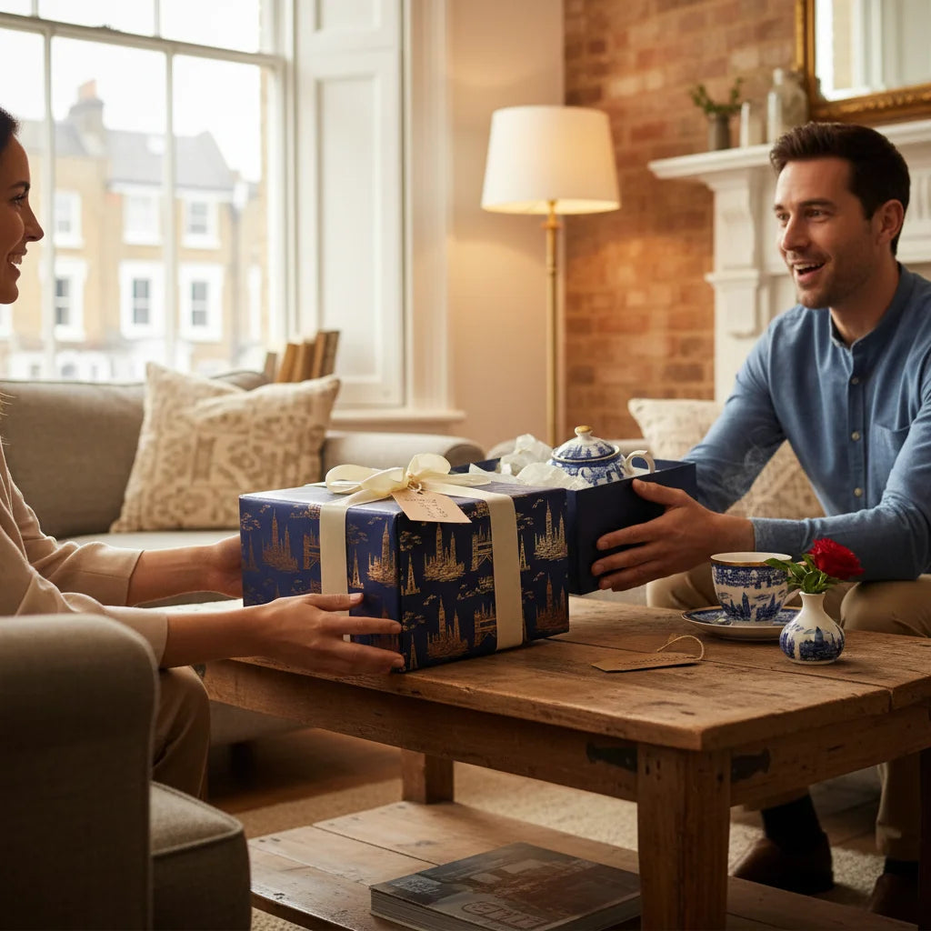 Man and woman exchanging a gift in a cozy living room with a brick wall