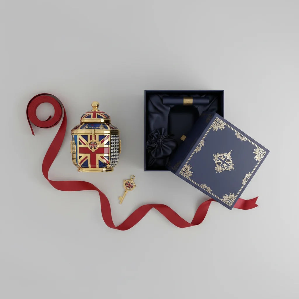 A British-themed music box with a Union Jack design, a red ribbon, and a blue gift box