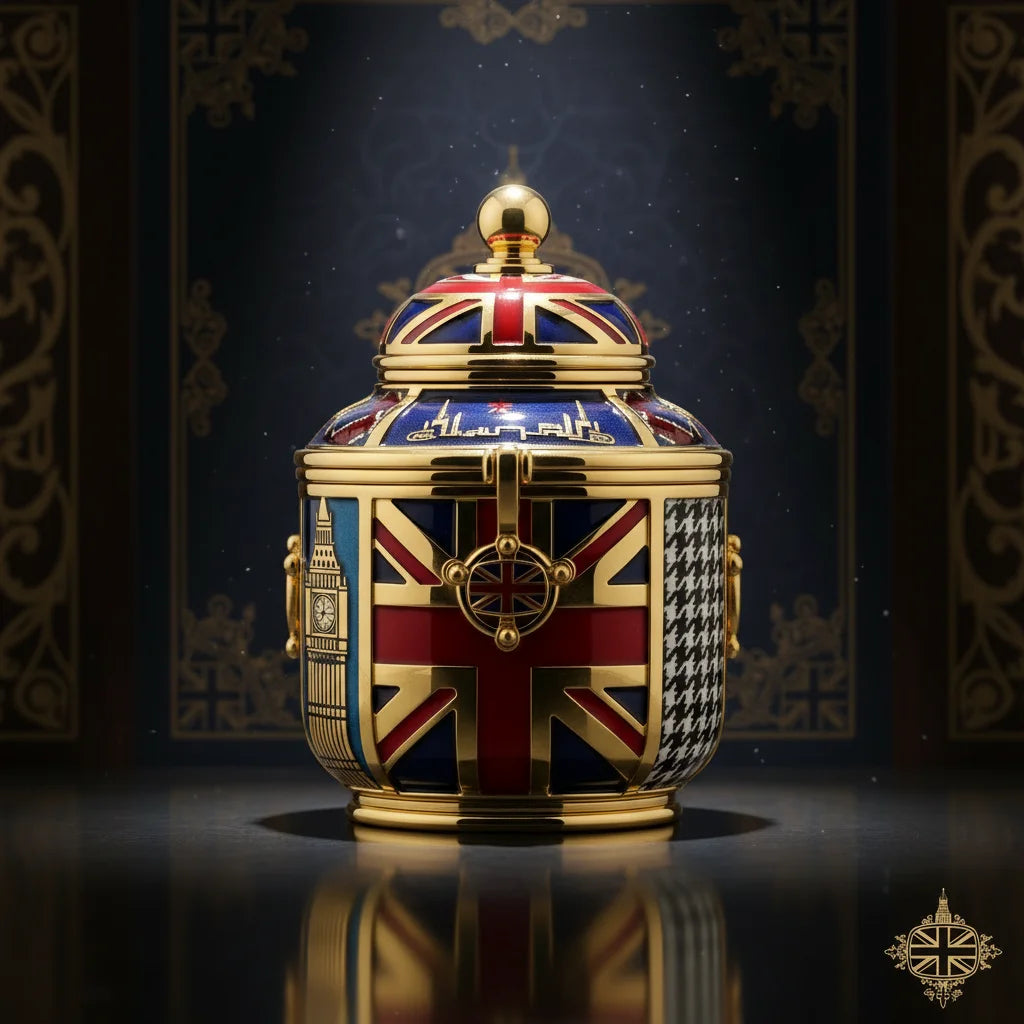A luxurious gold and Union Jack decorated jar with a lid and handles on a reflective surface