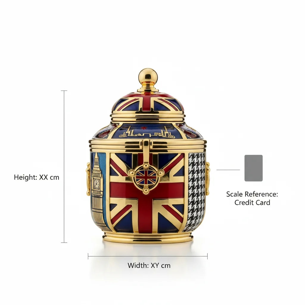 British themed decorative jar with gold accents Union Jack design and London landmarks