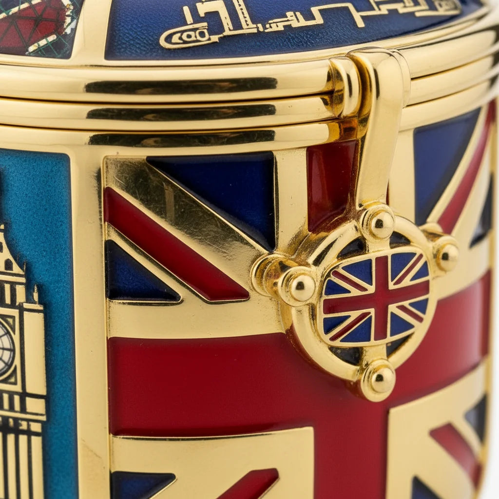 Close-up of a gold, red, blue, and white British-themed decorative box with a Union Jack design
