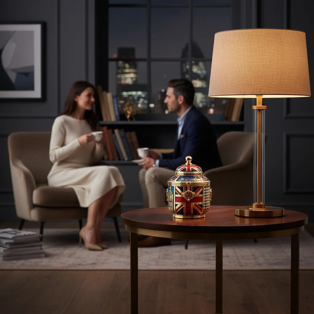 Couple sitting in living room with coffee table and lamp