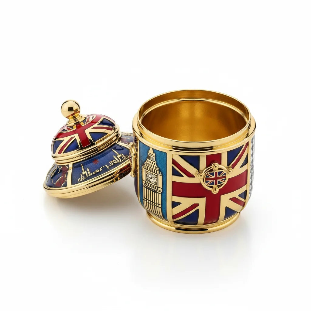Gold-plated Union Jack design jar with London landmark on white background