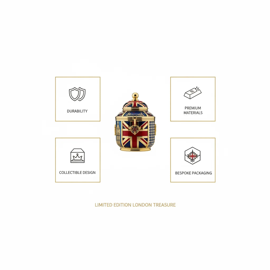 Limited Edition London Treasure with Union Jack Design and Gold Accents on White Background