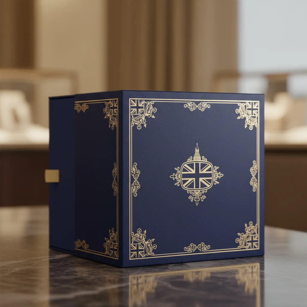 Luxurious navy blue gift box with gold accents and Union Jack design on a marble table