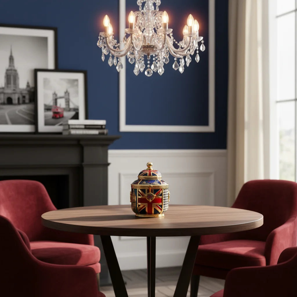 Luxury living room with red chairs, wooden table, and crystal chandelier