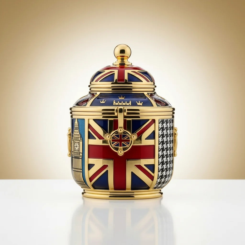 Ornate gold and Union Jack decorated jar with crown and London landmark designs