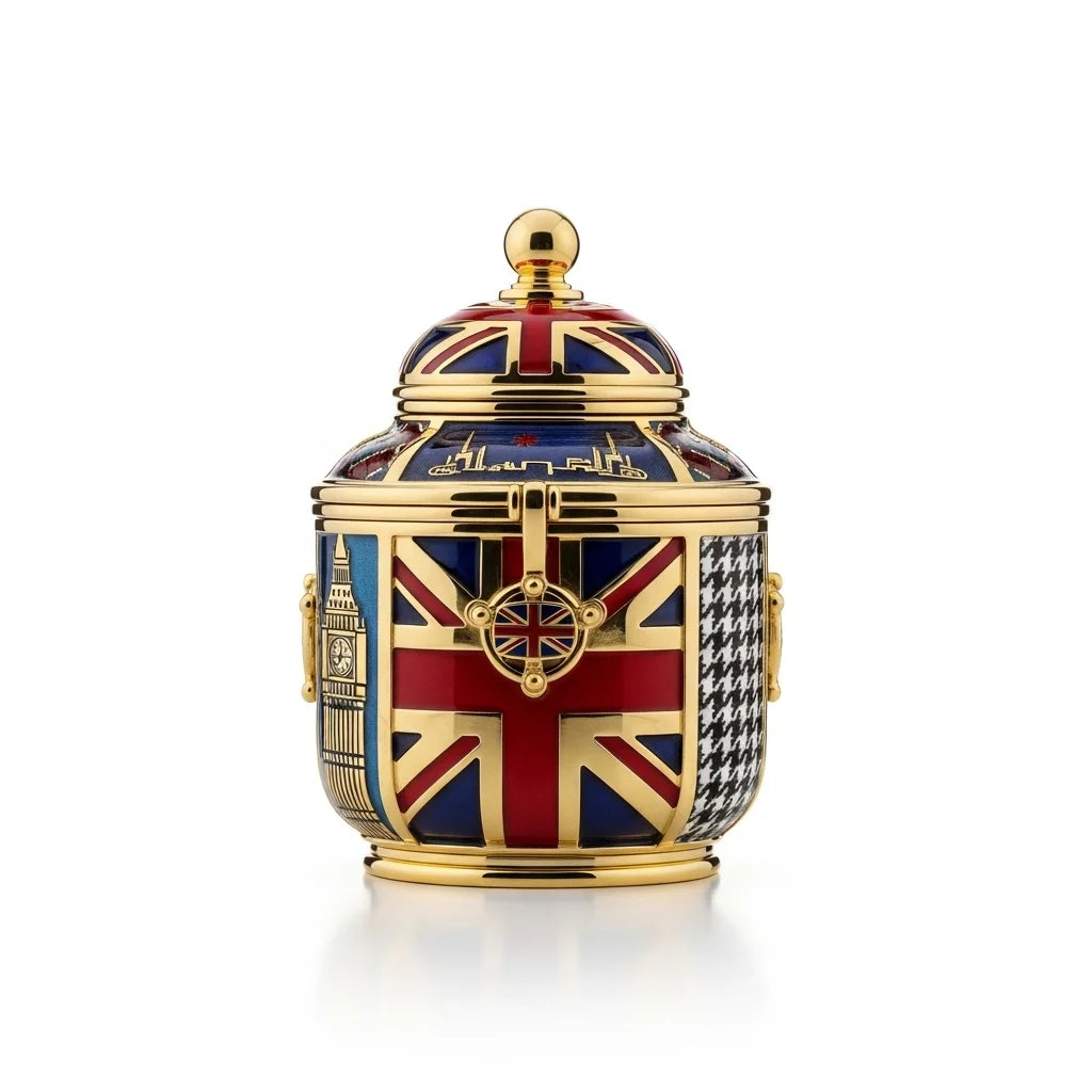 Ornate gold and Union Jack decorated jar with lid and iconic London landmark designs.