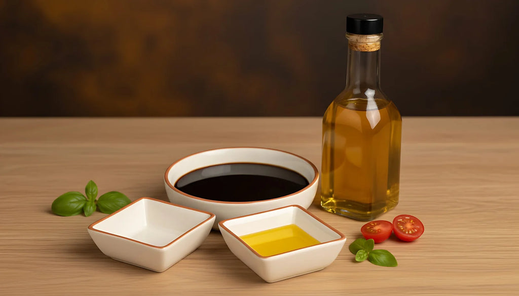 A bottle of oil and two small dishes of sauce on a wooden table with basil and tomatoes nearby.