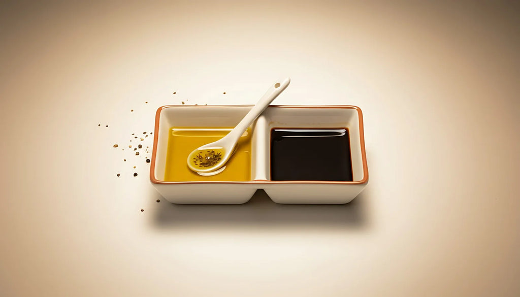 A white ceramic dish with orange trim containing yellow and dark brown sauces, a white spoon.