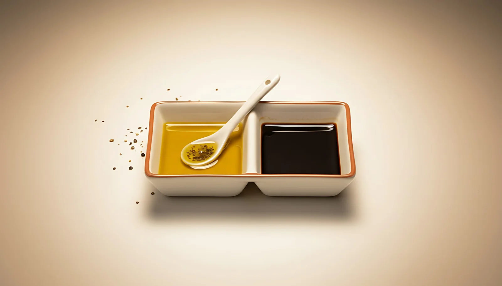 A white ceramic dish with orange trim containing yellow and dark brown sauces, a white spoon.