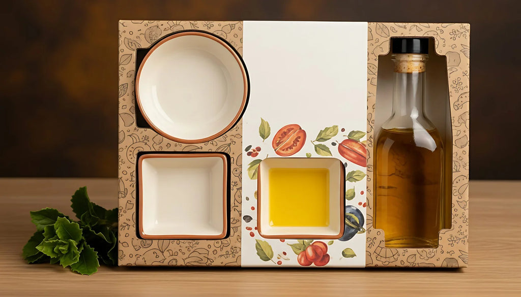 Gift set with ceramic dishes and bottle of oil on wooden table with green leaves nearby.
