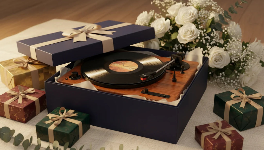 A navy blue gift box with a vinyl record player and black record surrounded by colorful presents