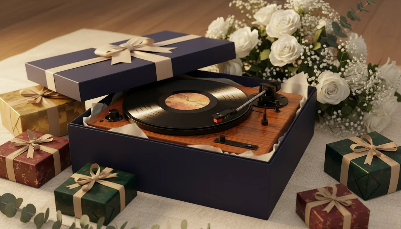 A navy blue gift box with a vinyl record player and black record surrounded by colorful presents