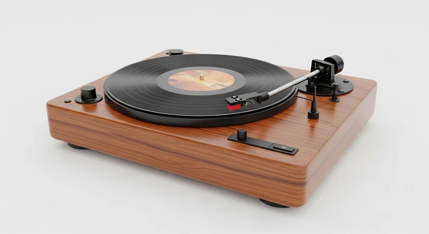 A wooden turntable with a black vinyl record spinning on a white background surface.