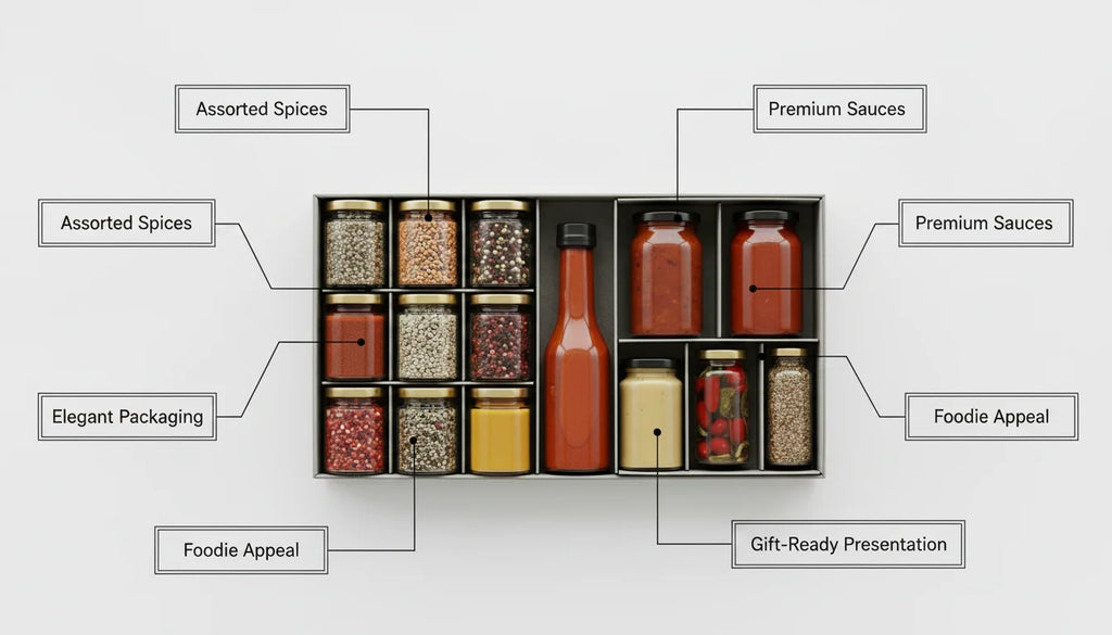 A black gift box filled with assorted spices, premium sauces, and condiments