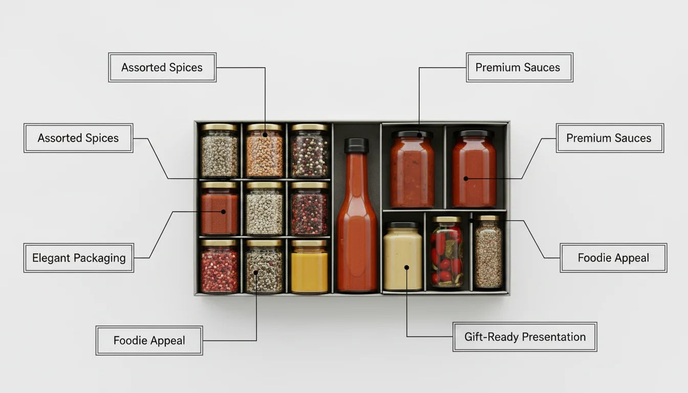 A black gift box filled with assorted spices, premium sauces, and condiments