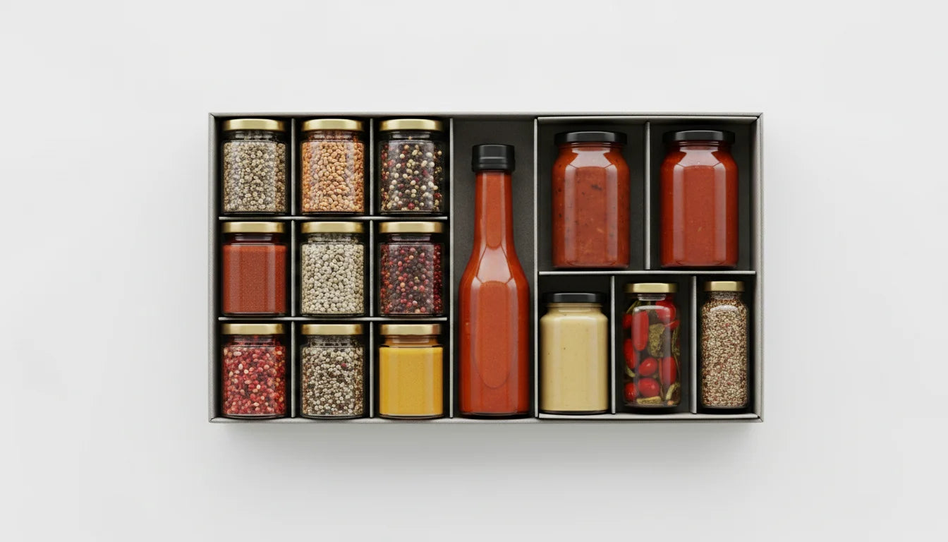 A black storage box containing various spices and condiments in glass jars and bottles