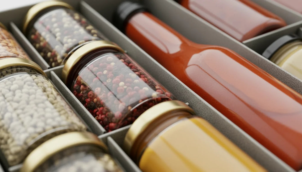 A gray box contains various condiment bottles with spices and sauces