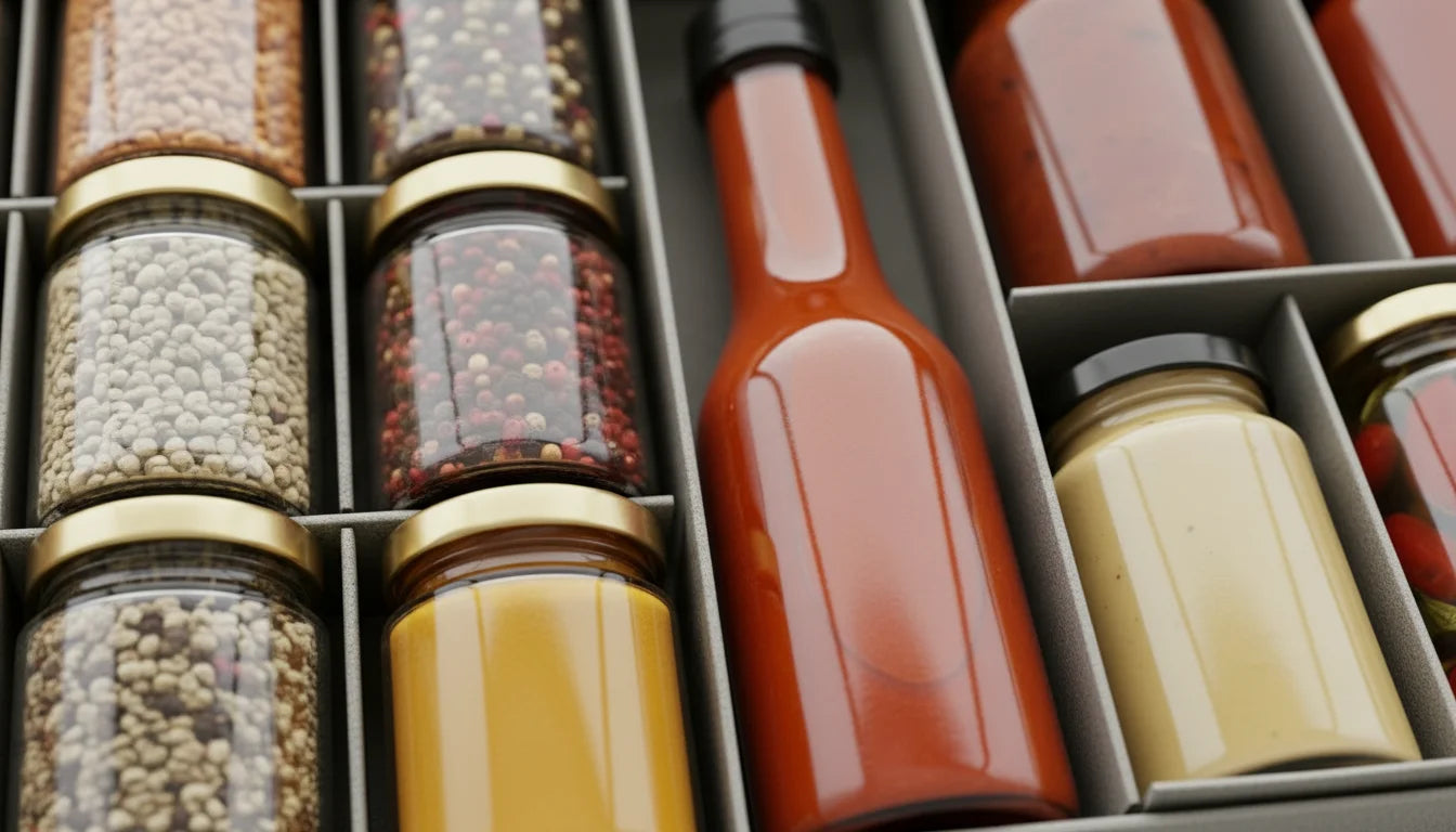 A gray compartmentalized tray holds various condiment bottles and jars with spices