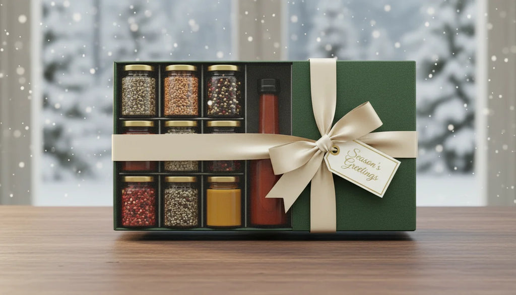 Green gift box with ribbon and spice jars on a wooden table in a snowy scene