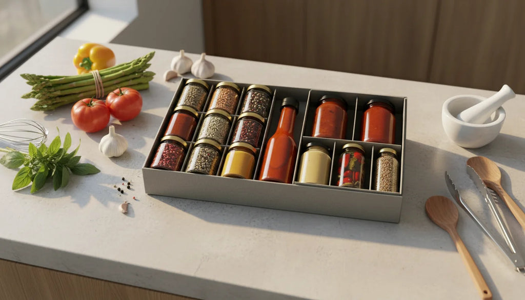 Spice bottles and kitchen utensils on a white countertop with vegetables and herbs