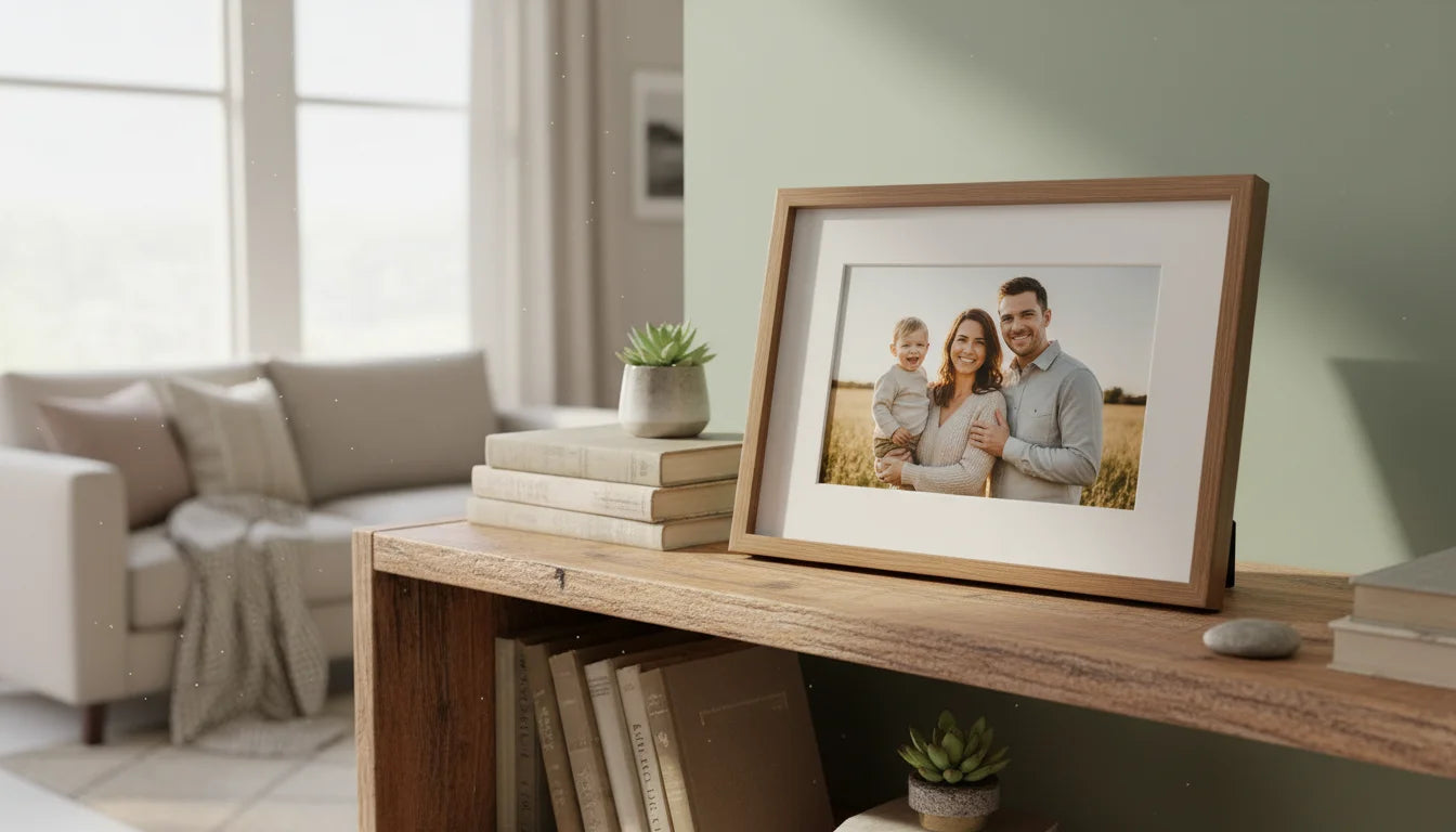 A family photo in a wooden frame on a shelf with books and plants in a living room