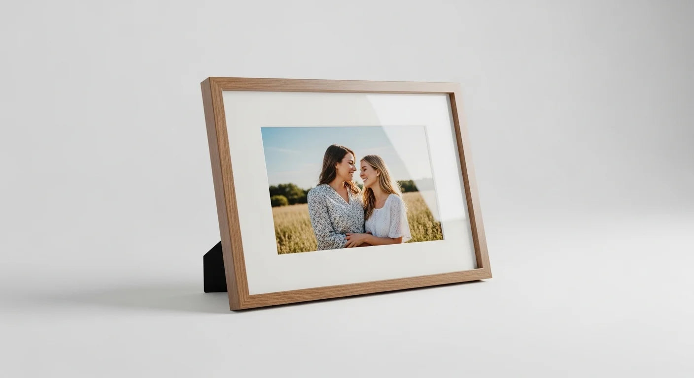 A wooden picture frame on a stand displaying a photo of a mother and daughter in a wheat field.