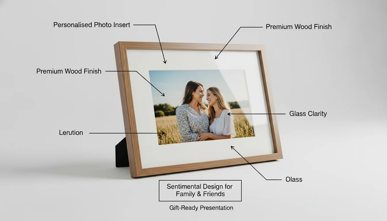 Brown wooden picture frame with white mat and glass cover on black stand displaying two women in