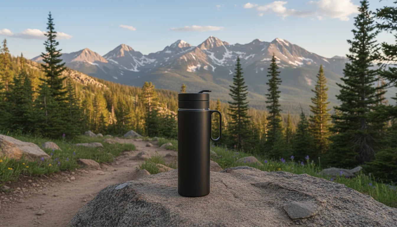 A black insulated travel mug sits on a rocky outcropping along a dirt hiking trail surrounded