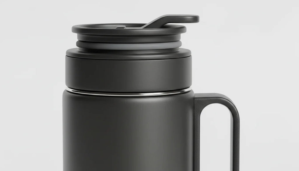 A close-up view of a matte black insulated water bottle with a flip-top lid and handle