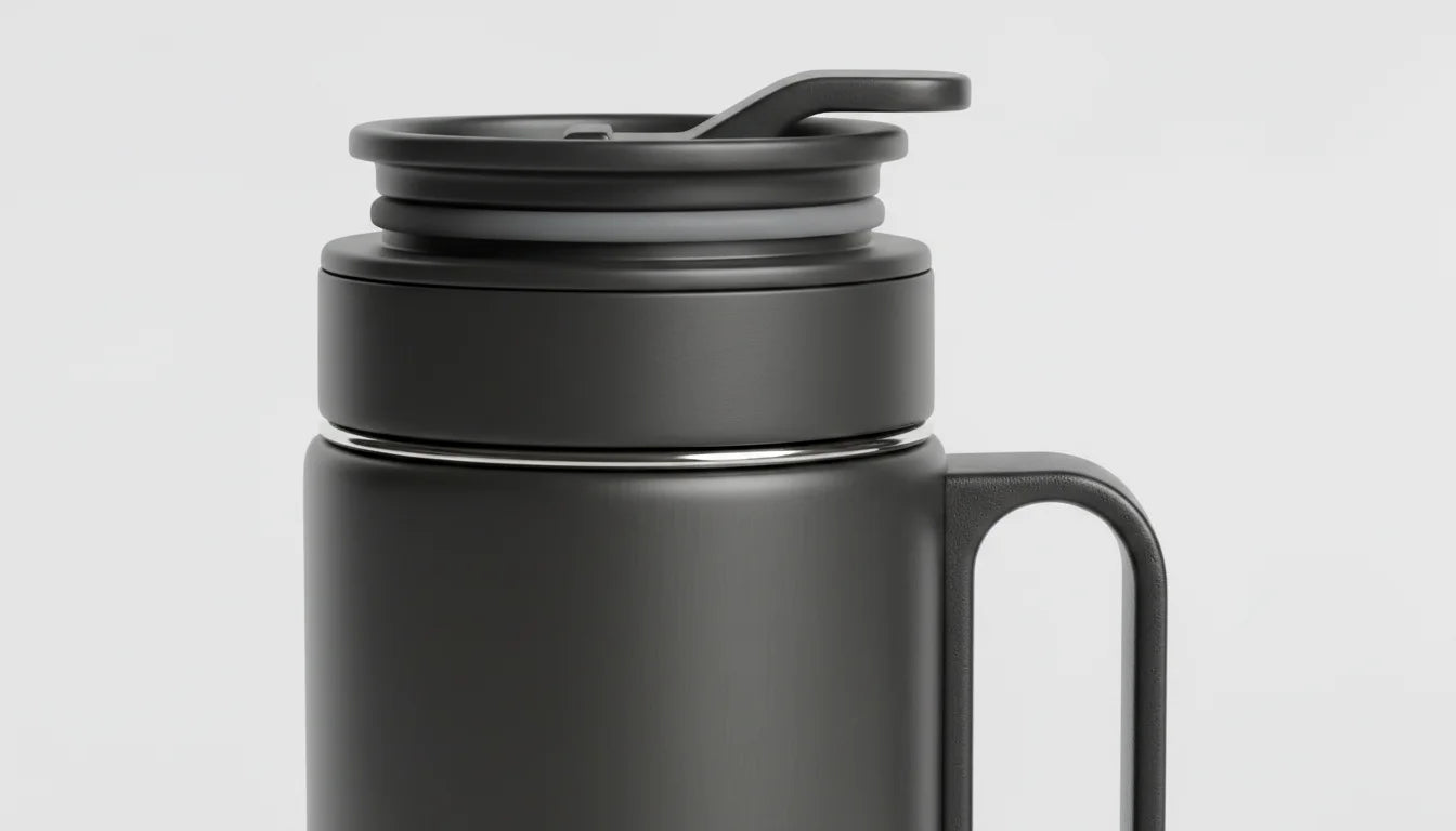 A close-up view of a matte black insulated water bottle with a flip-top lid and handle