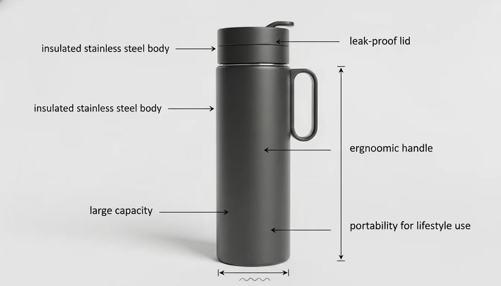 A large capacity insulated stainless steel tumbler with ergonomic handle and leak-proof lid