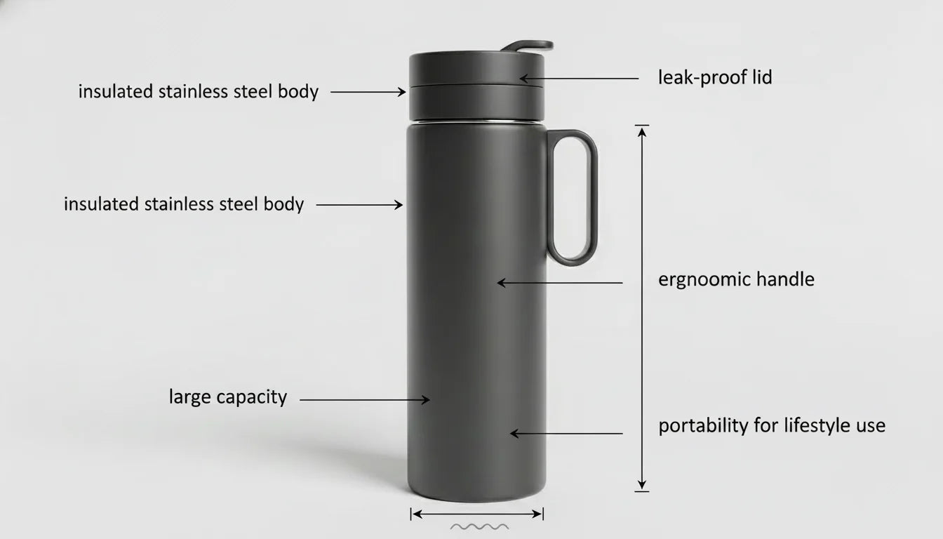 A large capacity insulated stainless steel tumbler with ergonomic handle and leak-proof lid