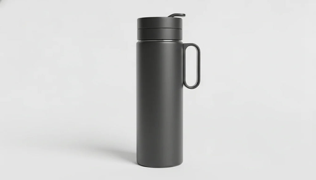 A matte black insulated water bottle with a handle and flip-up spout lid