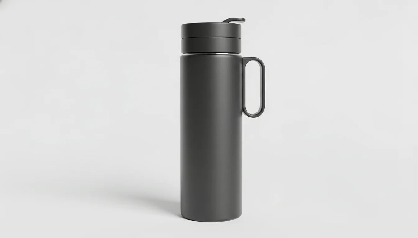 A matte black insulated water bottle with a handle and flip-up spout lid